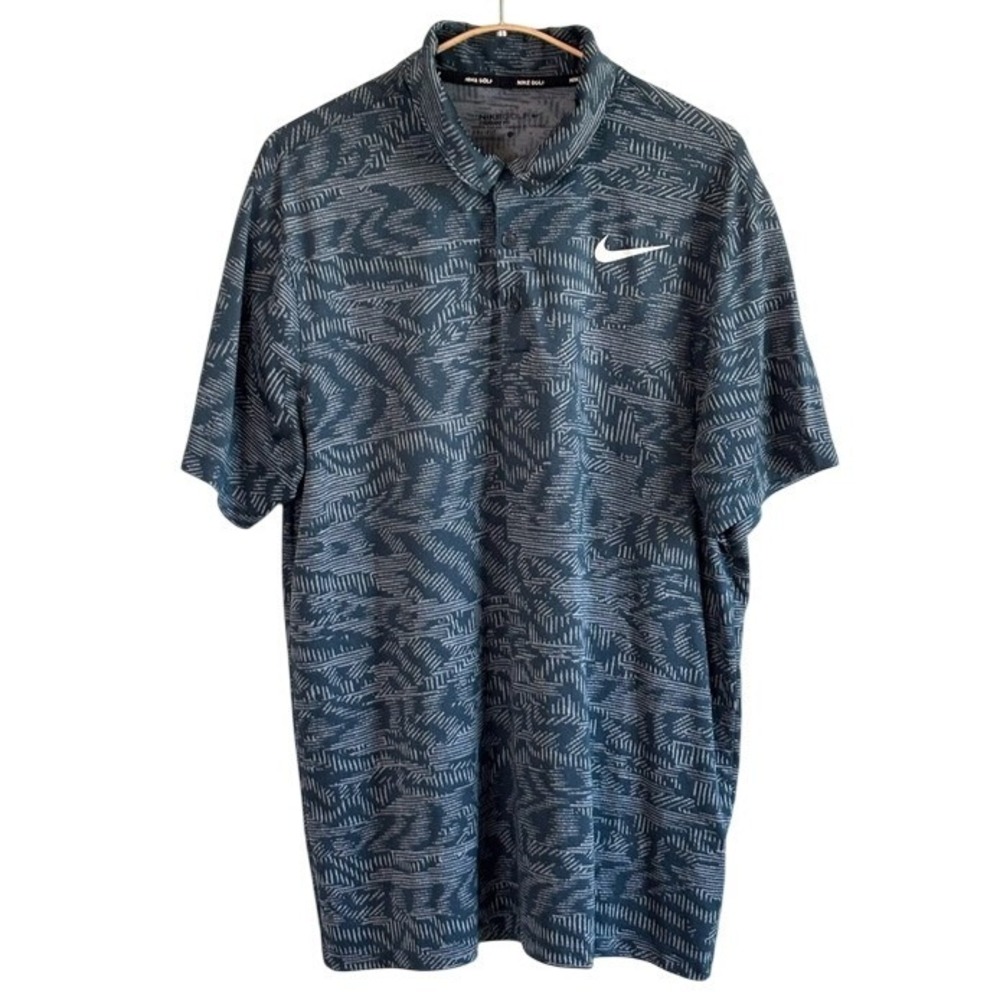 Nike Golf Polo Shirt Blue Mens Large Dri-FIT Geometric Print Short Sleeve